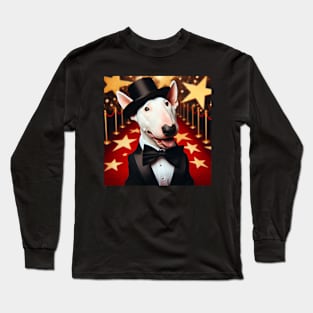 Happy bull terrier wearing tuxedo and hat in front of stars Long Sleeve T-Shirt